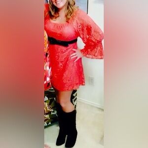 Short Lace Coral Dress with Bell Sleeves - XL